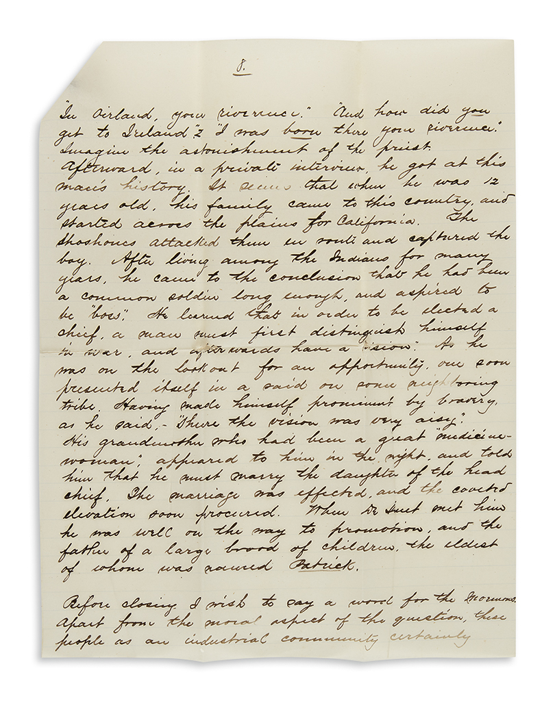 (MORMONS.) Schuyler, Walter S. Letter describing the polygamous Mormon community in Franklin, Idaho.